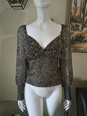 Steve Madden Black and Gold Animal Print Smocked Blouse